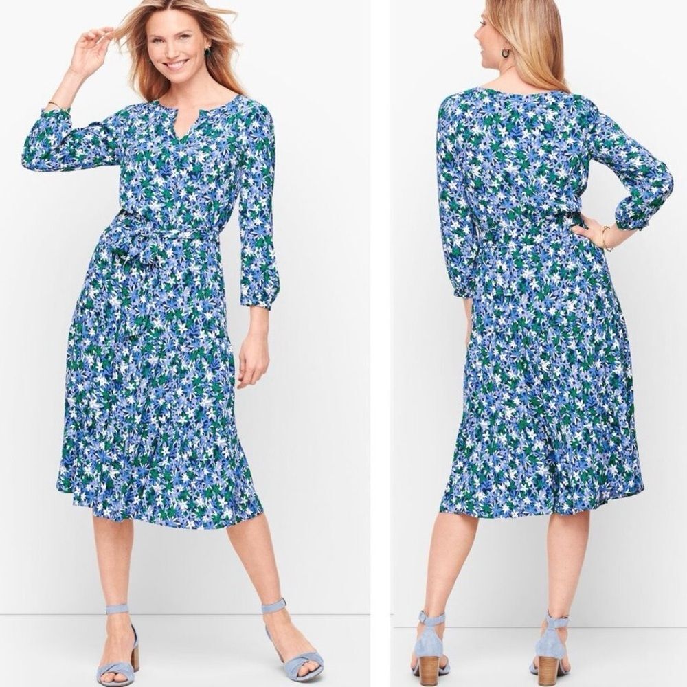 Talbots 3/4 Sleeve Floral Tie Waist Midi Dress Size 2